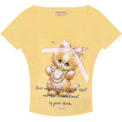 Cat Print V-Neck T-Shirt