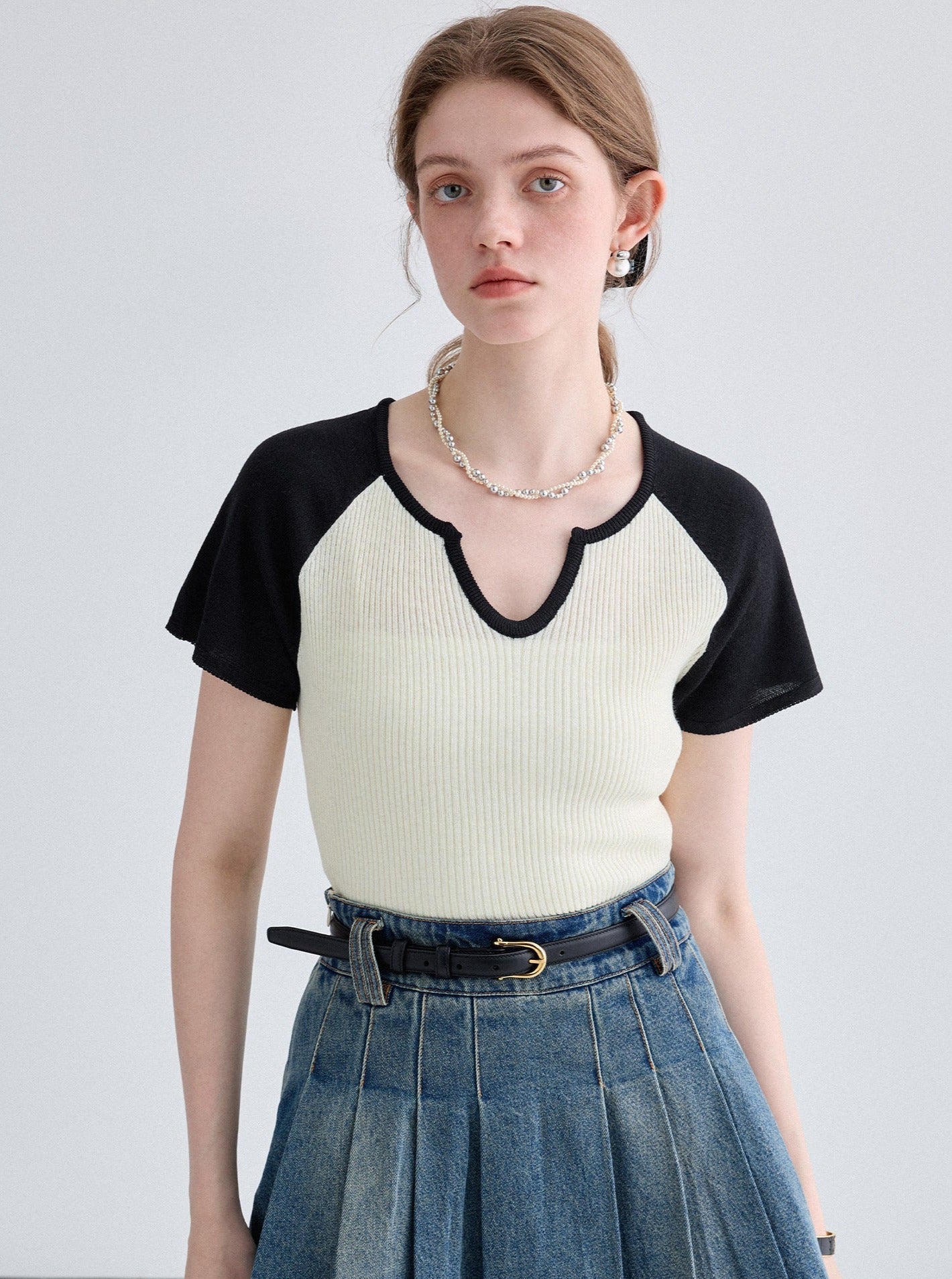 Raglan Sleeve French Knit T-Shirt And Skirt Set-Up