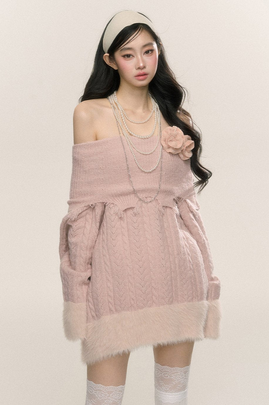 [On sale at 20 o'clock on 26th September] less eye mist pink del one-shoulder loose plush dress women's autumn and winter