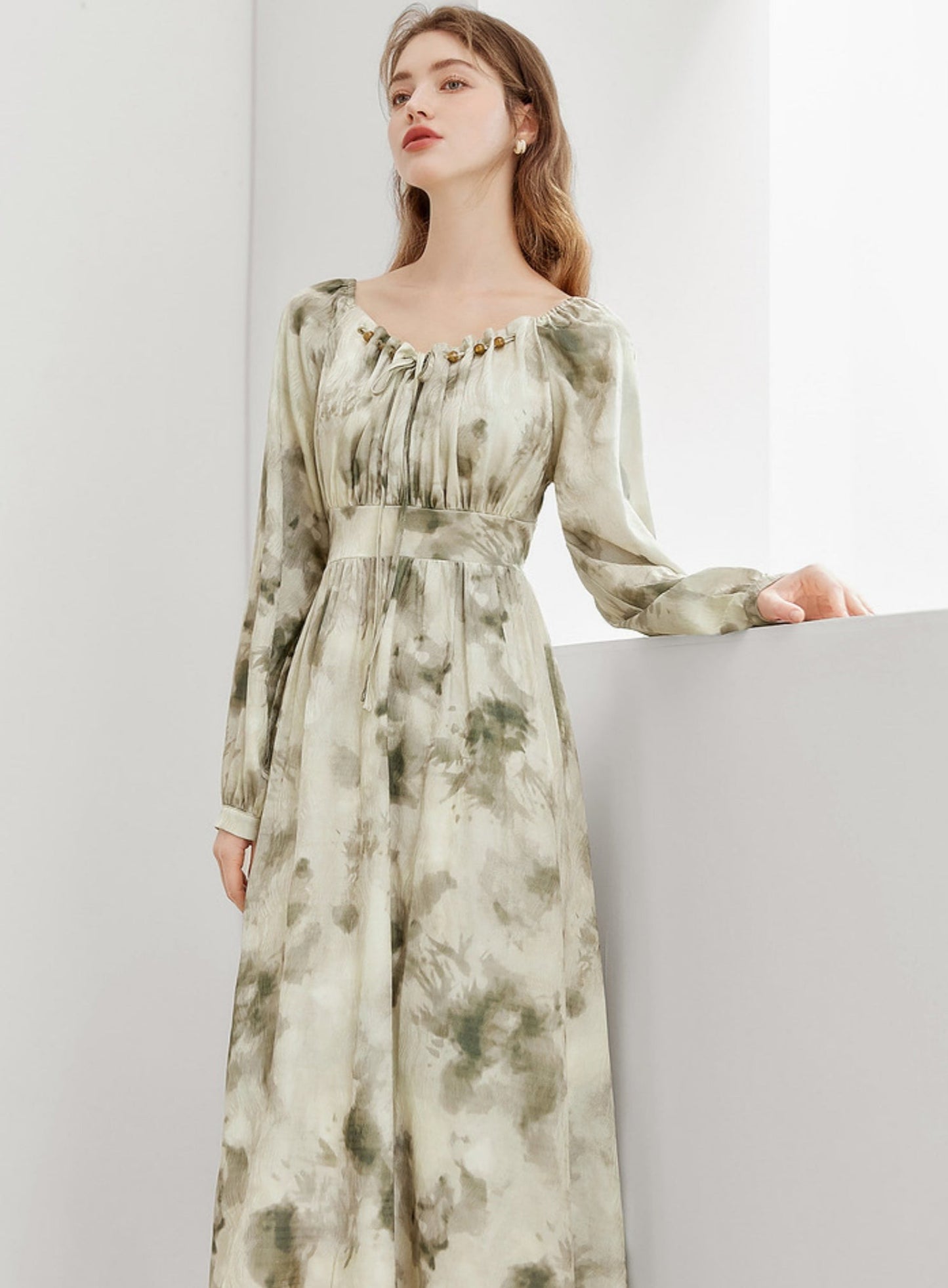 MEETLADY Ink Smudge Chiffon Long Sleeve Dress Women's Fall 2024 New French Elegant Waist-cinching Tea Dress