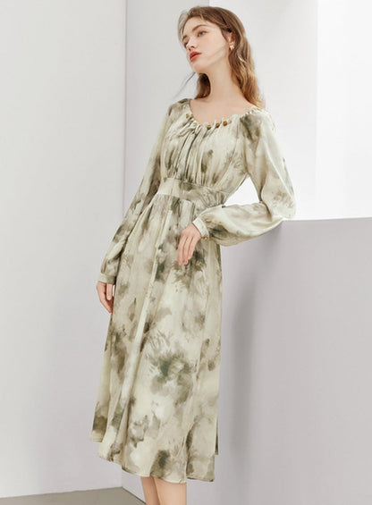 MEETLADY Ink Smudge Chiffon Long Sleeve Dress Women's Fall 2024 New French Elegant Waist-cinching Tea Dress