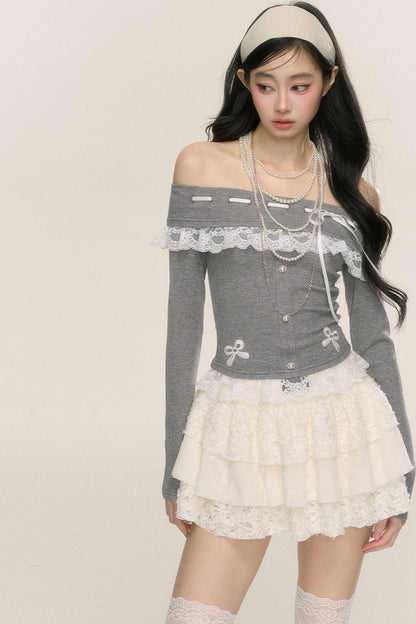 [September 26th 20 o'clock sale] less eye camellia rime one-shoulder lace long-sleeved T-shirt women's early autumn