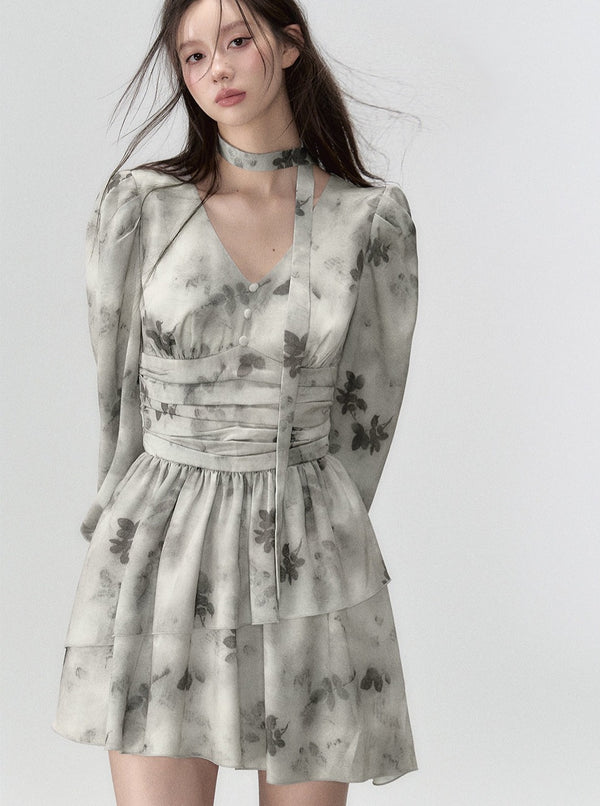 V-neck large floral waist long sleeve dress