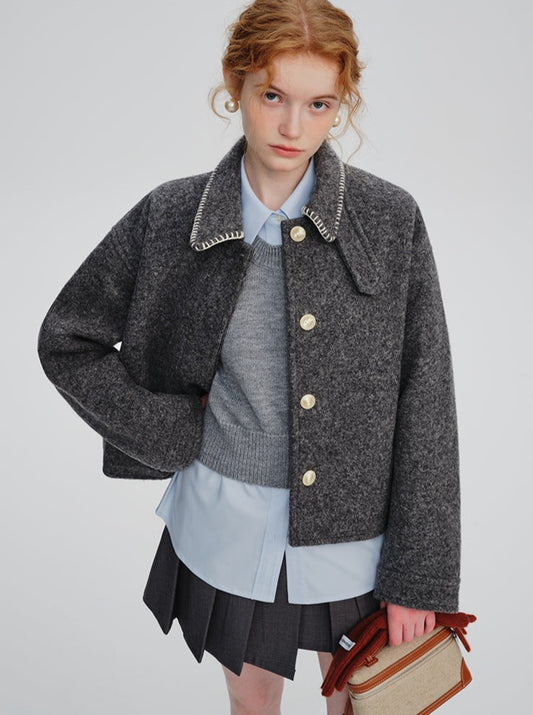 Gray lapel wool short coat
