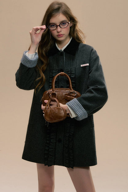 Fungus-Trimmed Dark Gray Tweed Coat