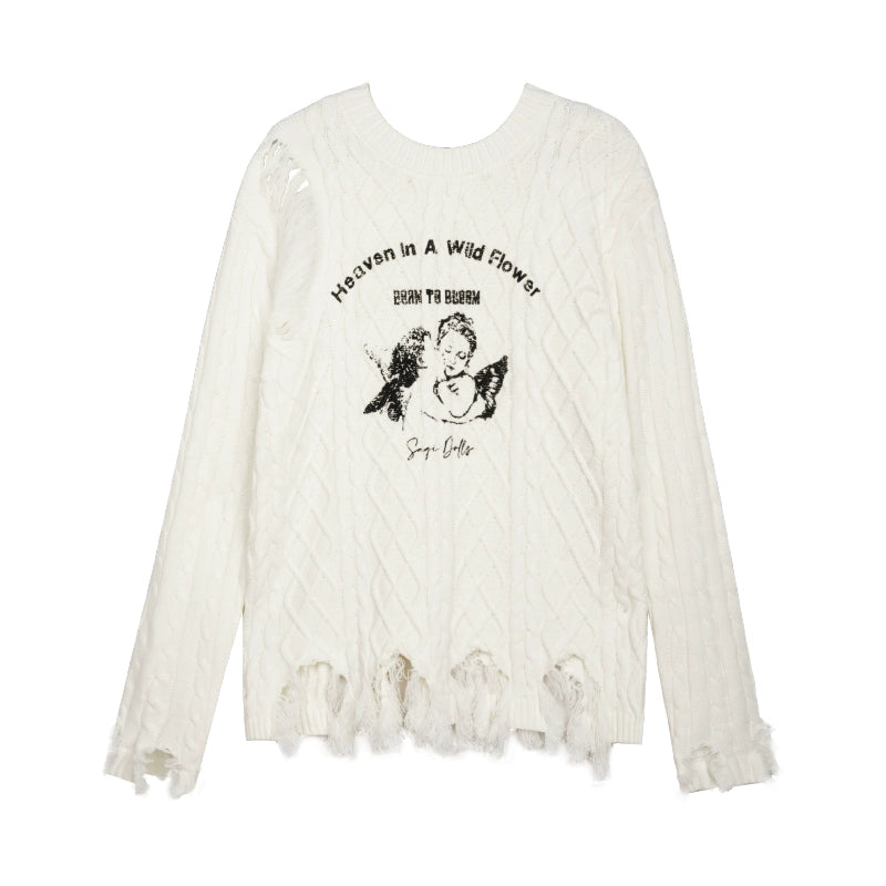 Angel Print Ripped Pullover Sweater