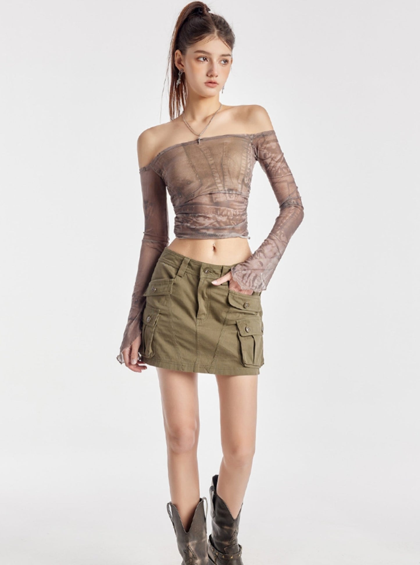 One-Shoulder Pleated Mesh Top