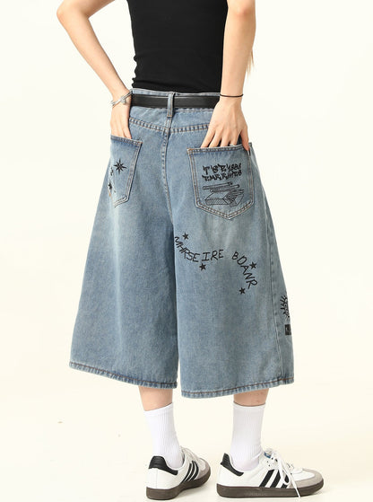 Graffiti Letter Denim Shorts Pants