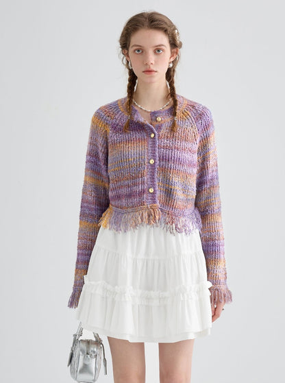 Raw-edged knitted cardigan tops