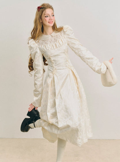 Snow puff sleeve jacquard lace-up dress