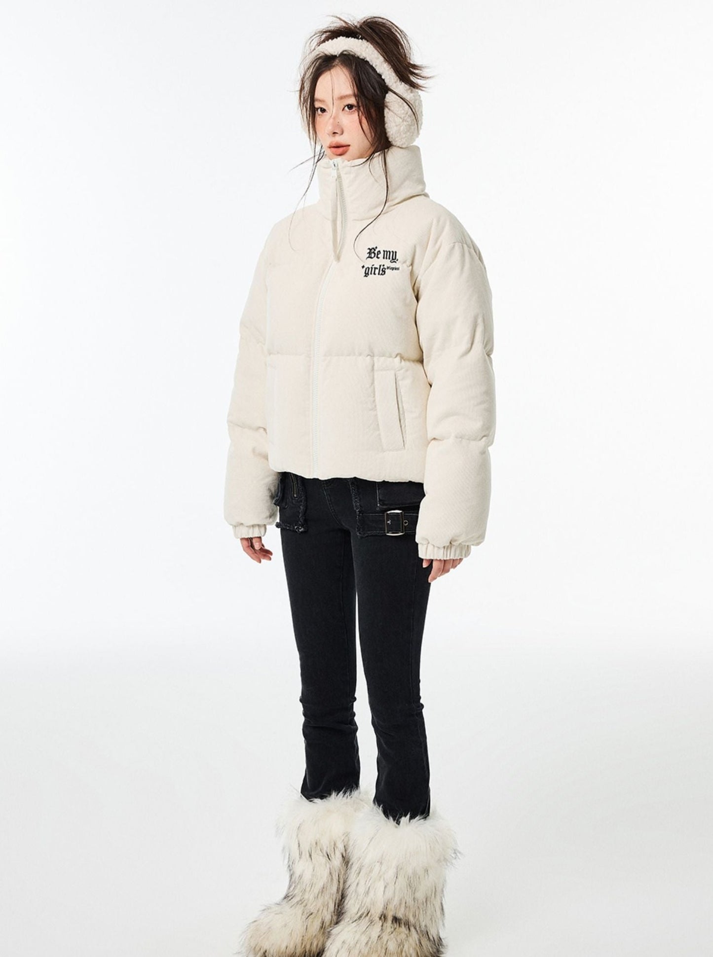 Embroidered letter high neck down jacket