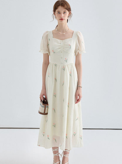 VEGA CHANG Kleid Women's Summer 2024 New Temperament Print French Vintage Puff Sleeve Tea Dress