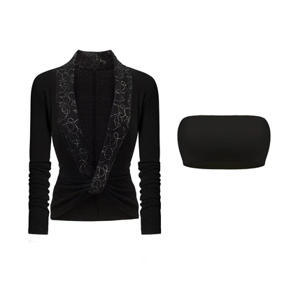 Patchwork Collar Knit Sweater Set