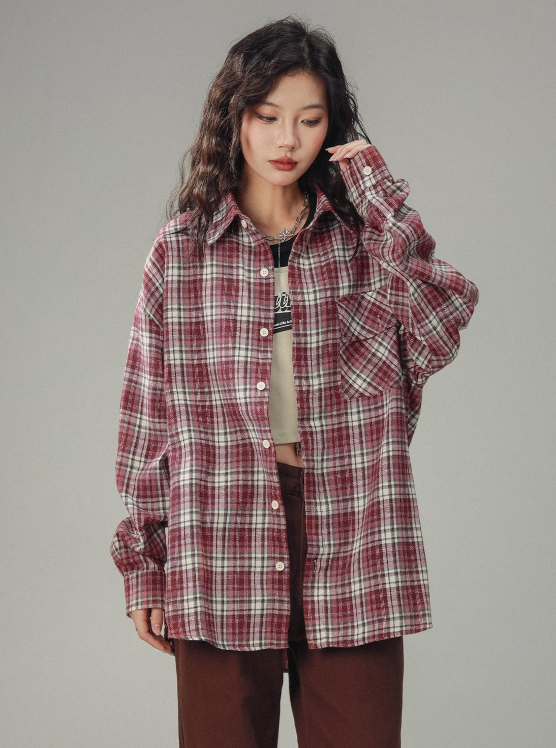 Vintage Plaid Langarm Silhouette Top