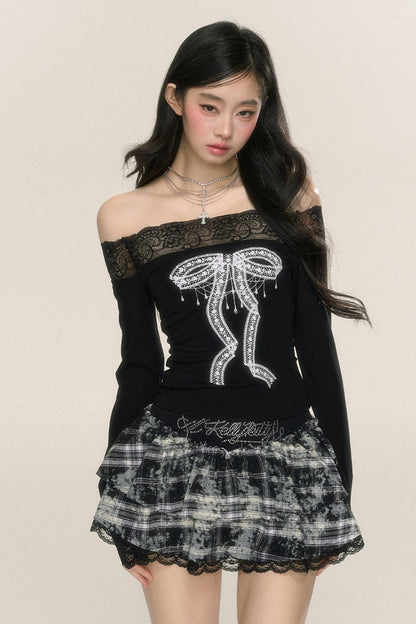 Paris Lace One-Shoulder Long-Sleeve T-Shirt