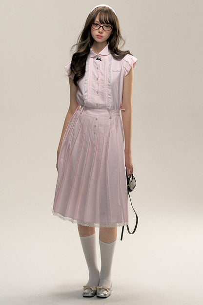 Flying Sleeve Shirt and Pleated Skirt Set-UP