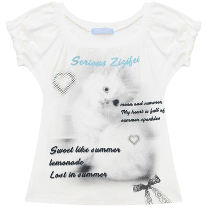 Maglietta con stampa gatto, maniche a sbuffo e scollo a U