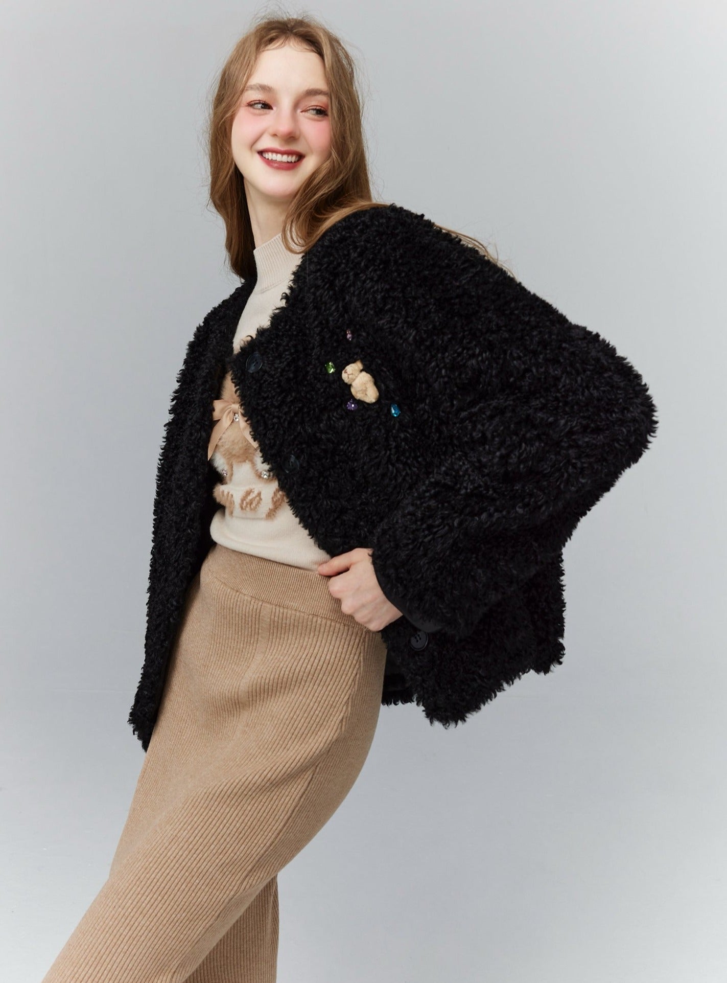 Warm Brown Black Plush Short Jacket