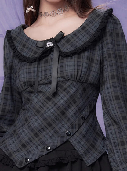 Doll Collar Long Sleeve Plaid Top