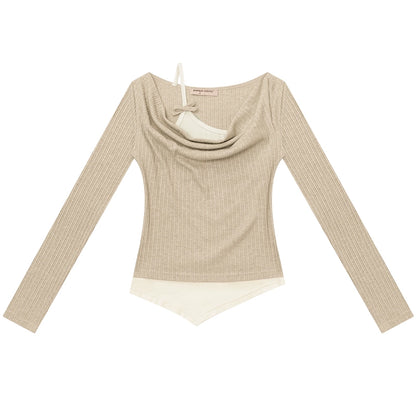 Swing Collar Fake Two Pieces Slim Top