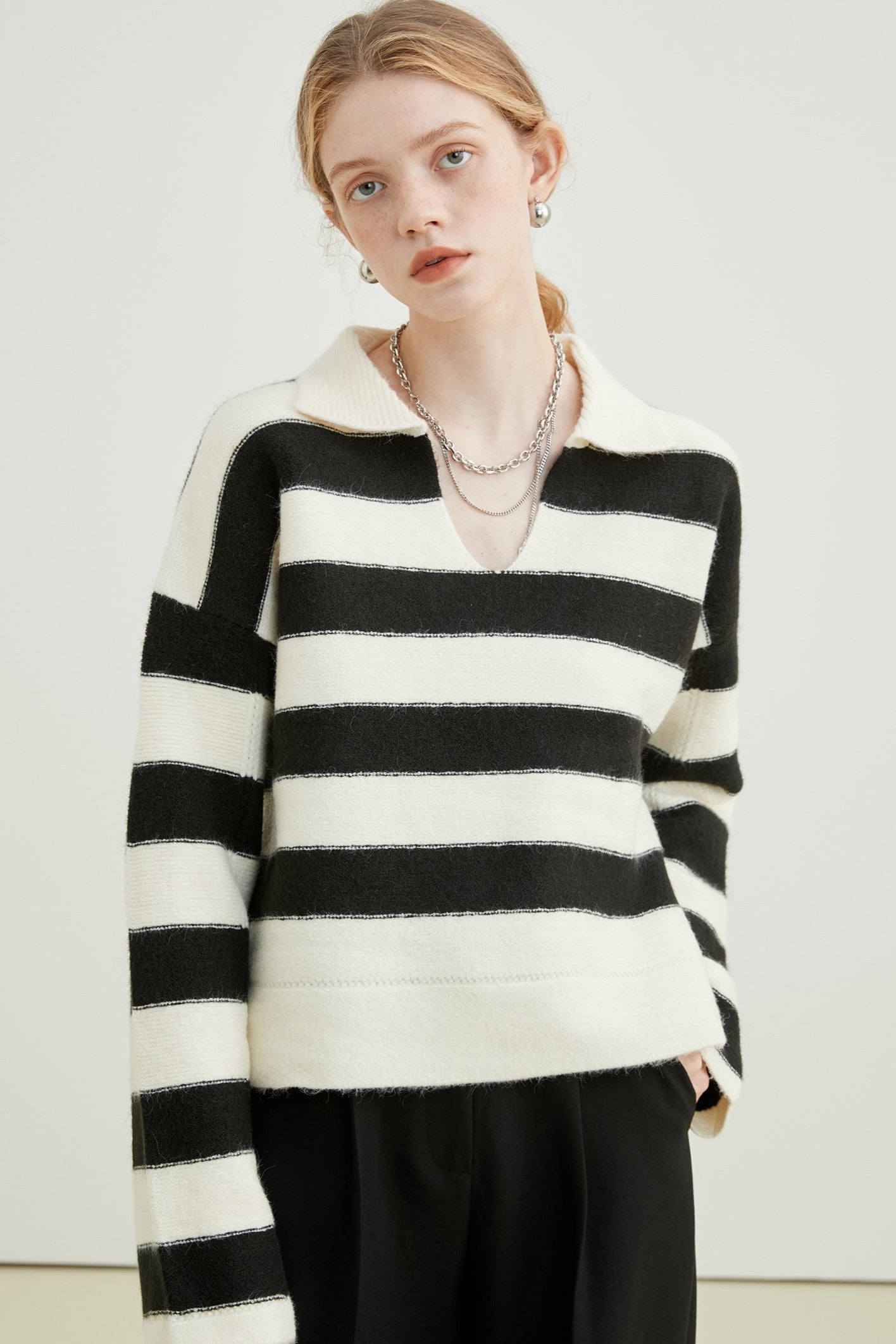 VEGA CHANG Sweater Women's Fall 2024 New Lazy Premium Polo Collar College Style Striped Knit