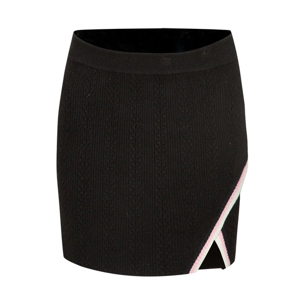 Embroidery striped knitted V-neck vest skirt set