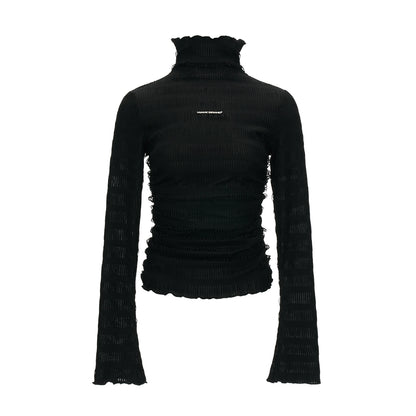 High-Neck Knitted Striped Slimming Shirt