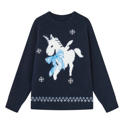 Snowflake Pony Soft Round Neck Sweater