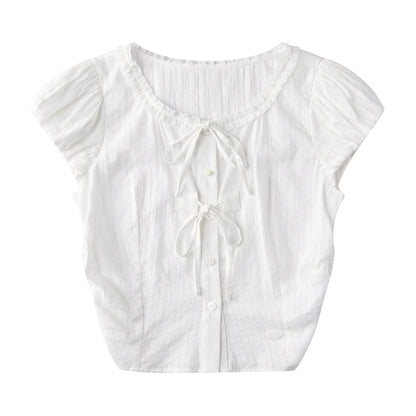 White Crew Neck Bow Lace Wais Set-Up