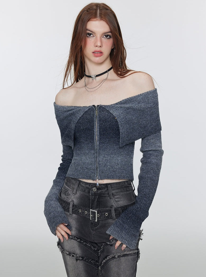 One-Shoulder Gradient Cropped Knit Long-sleeved Top