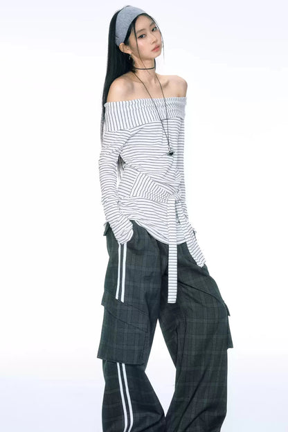 [Curriges September 26th New Arrivals] autumn and winter new one-shoulder striped waist tie long top