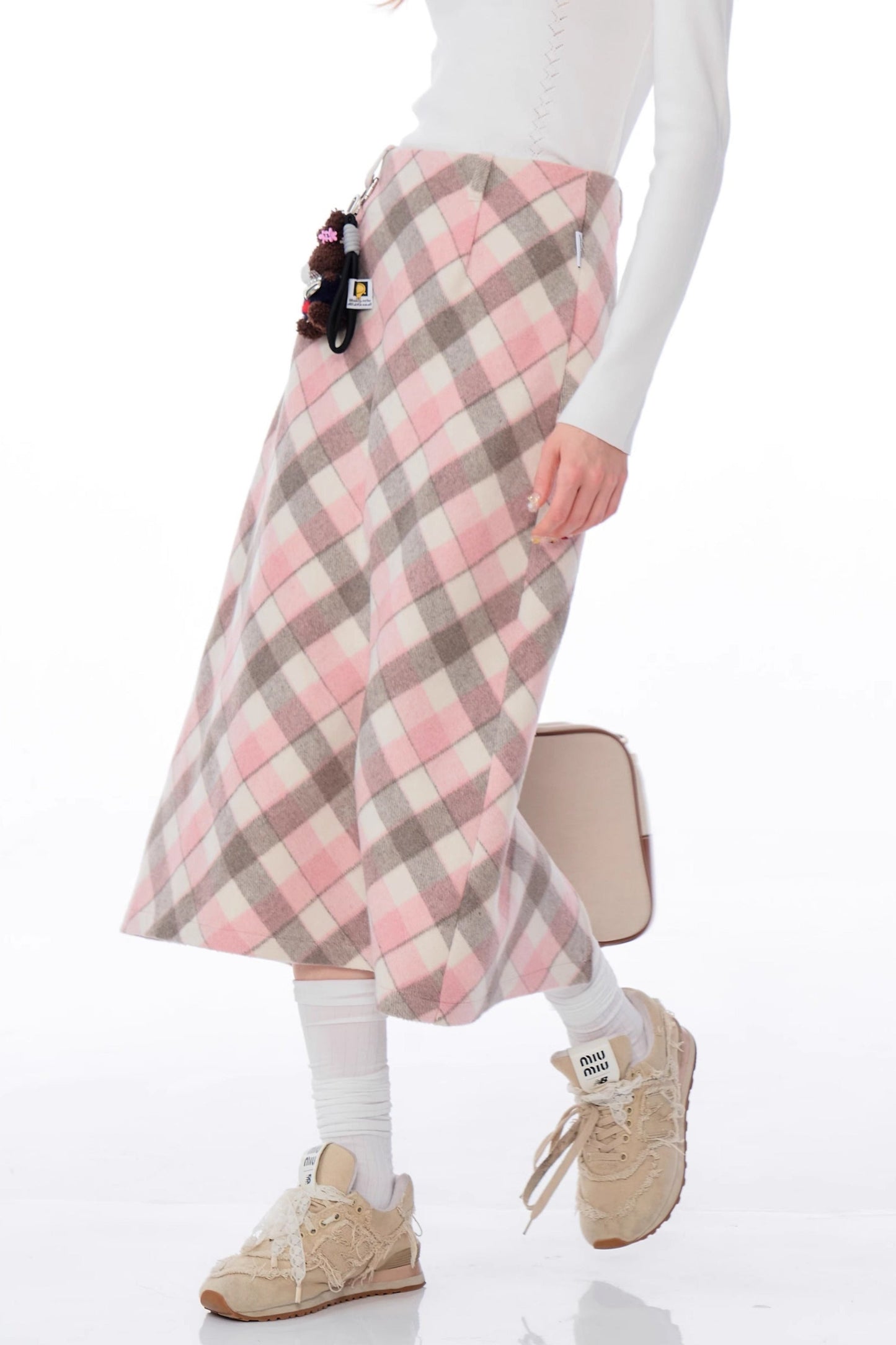 Pink Gray Check Woolen Skirt