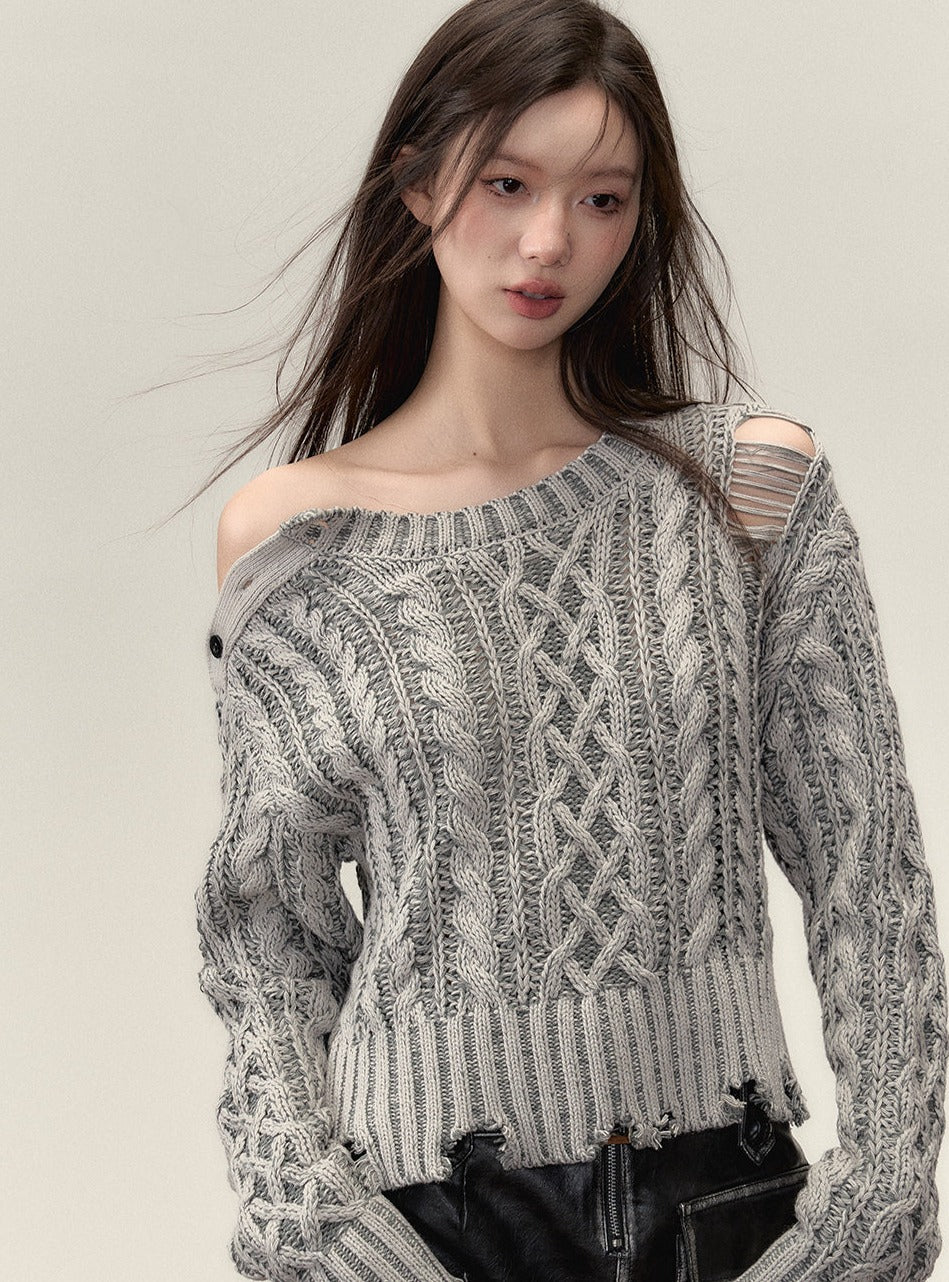 Crewneck ragged  languid knit pullover Top