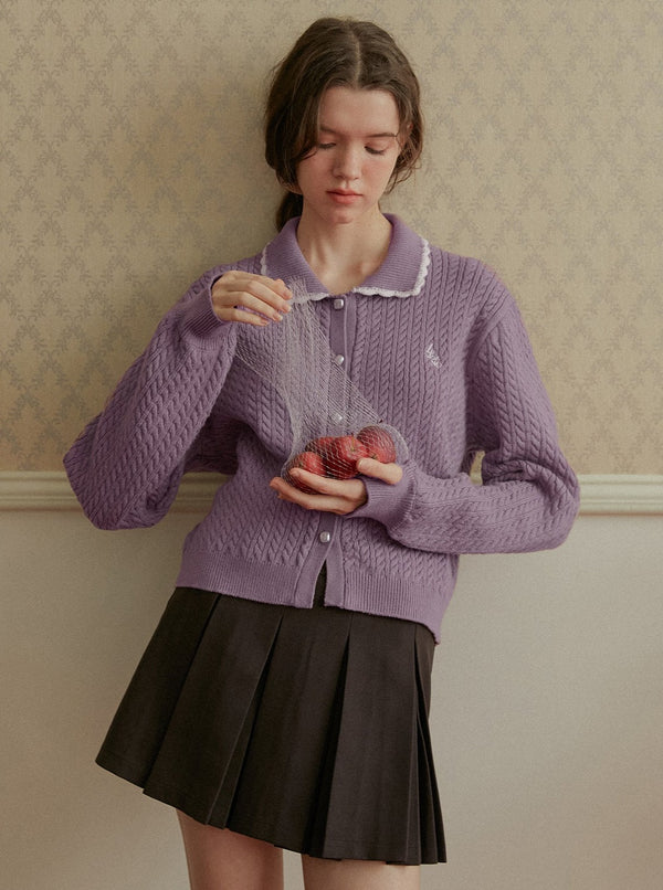 LACE COLLAR KNITTED LAPEL LONG SLEEVE CARDIGAN