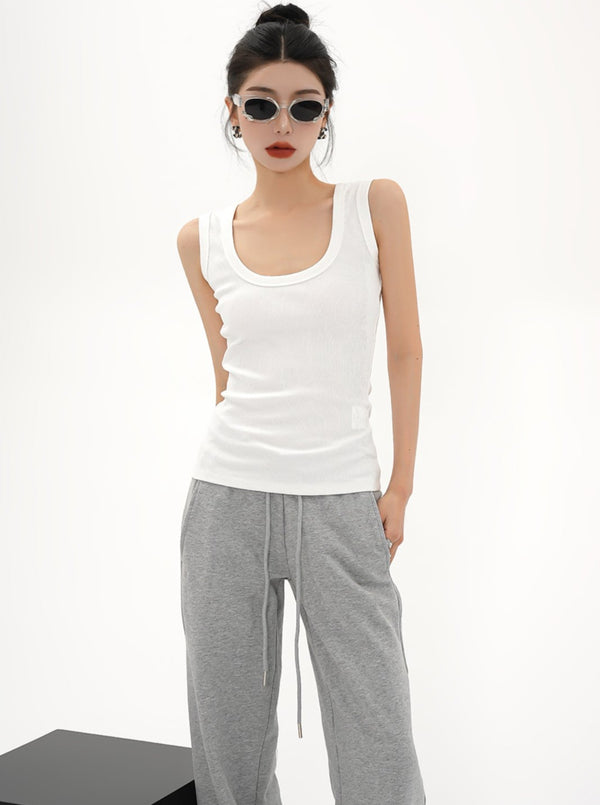 U-Neck Slim Wide Shoulder Top