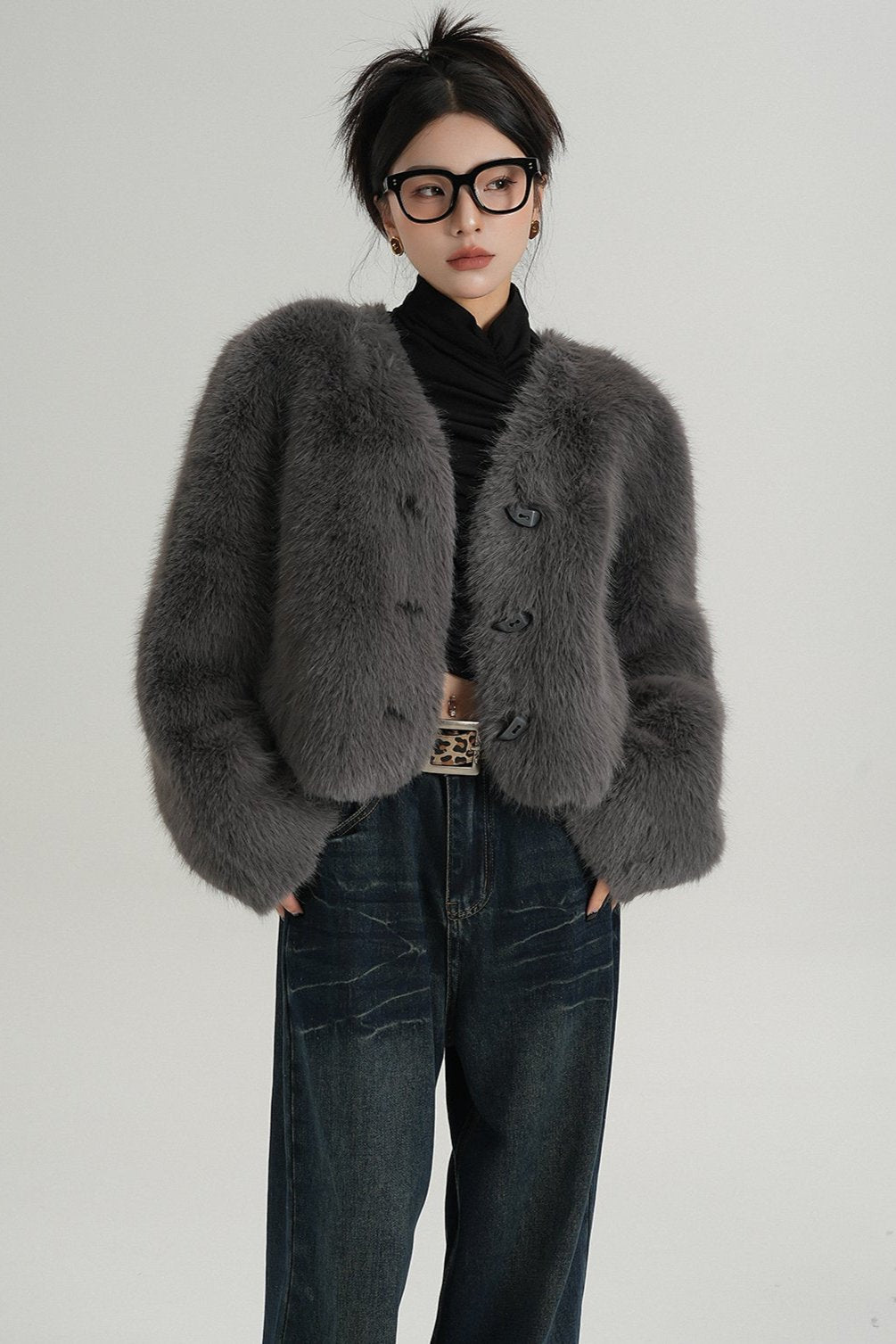 High-End Gray Eco-Friendly Fur Coat