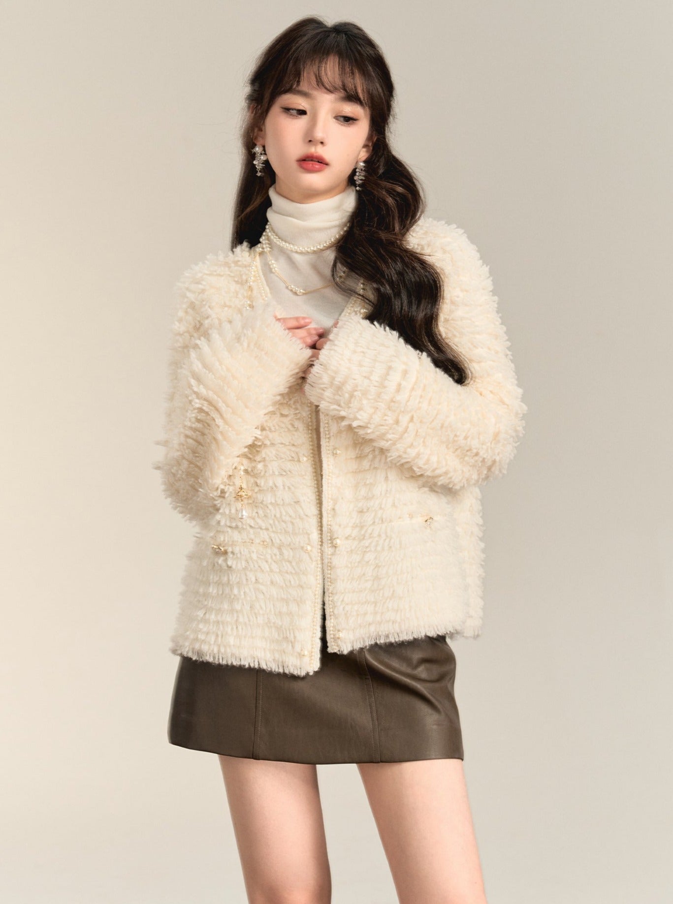 Long Sleeved Beaded Wool Coat