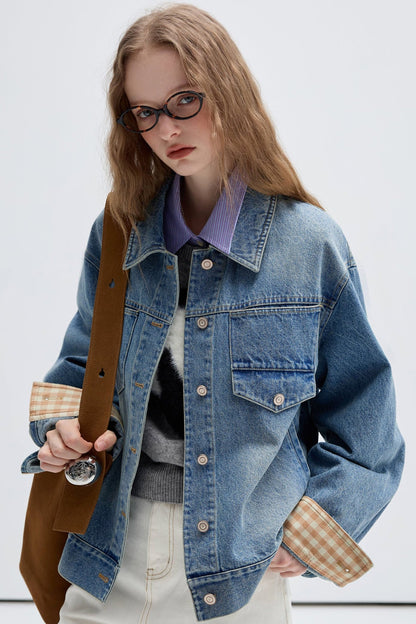 VEGA CHANG DENIM KURZE JACKE FRAUEN HERBST 2024 NEUE AMERIKANISCHE RETRO PATCHWORK GEWASCHEN LOSE OBEN