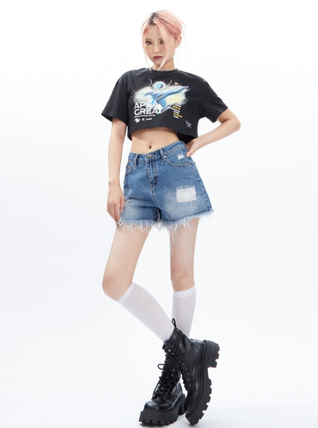 A-line Ragged Edge Jeans Shorts Pants