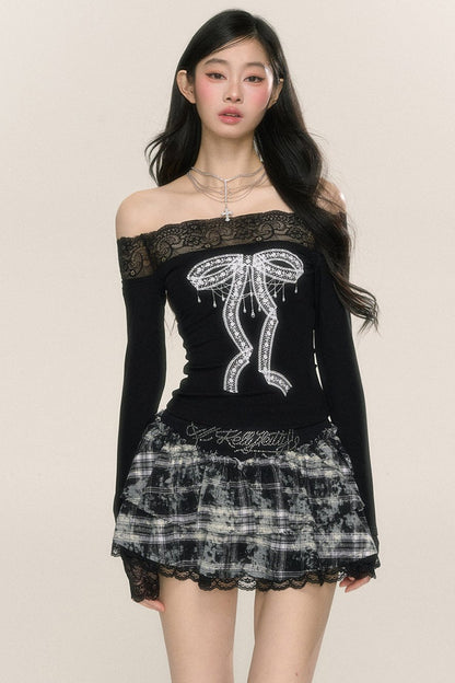 Paris Lace One-Shoulder Long-Sleeve T-Shirt