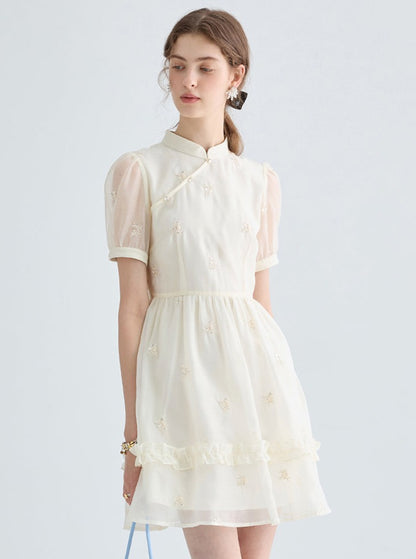 Retro Puff Sleeve Embroidery Dress