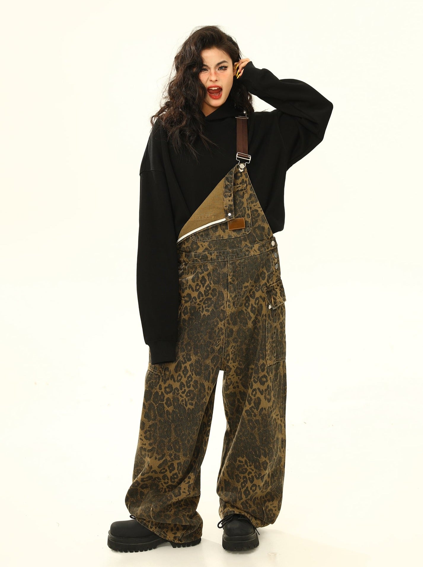 American retro leopard print cargo pocket bib pant