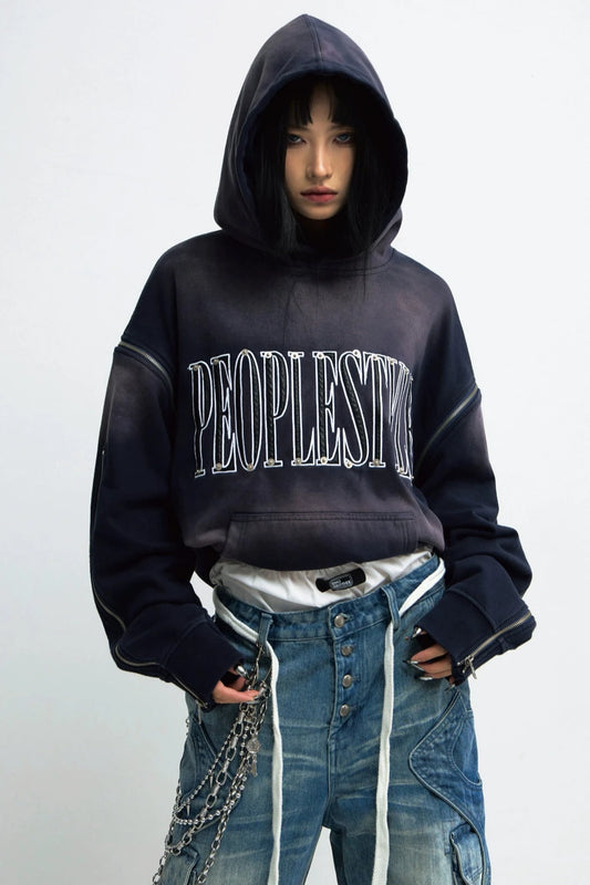 PEOPLESTYLE GRADIENT DISTRESSED ABNEHMBARES KAPUZENSWEATSHIRT GENDERLESS VINTAGE WASH NICHE BAGGY HOODY