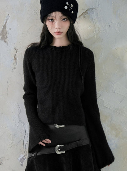 Sleeve crochet crew neck pullover sweater