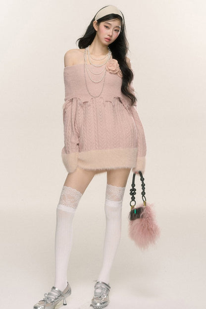 Mist Pink One-Shoulder Plush Dress