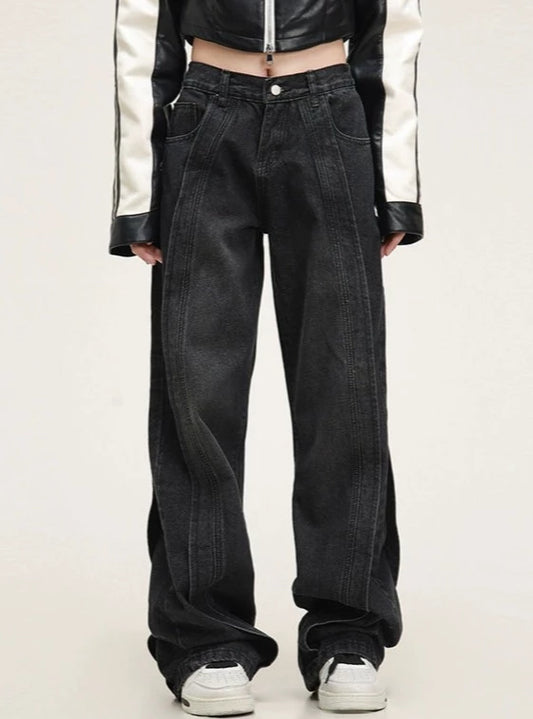 American patchwork washed jeans pants