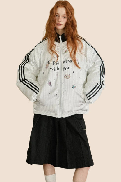 EZEK Fun Letter Print Gestreifte Ärmel Sportliche Kontrast Stand Kragen Jacke Frauen Frühherbst neue Top