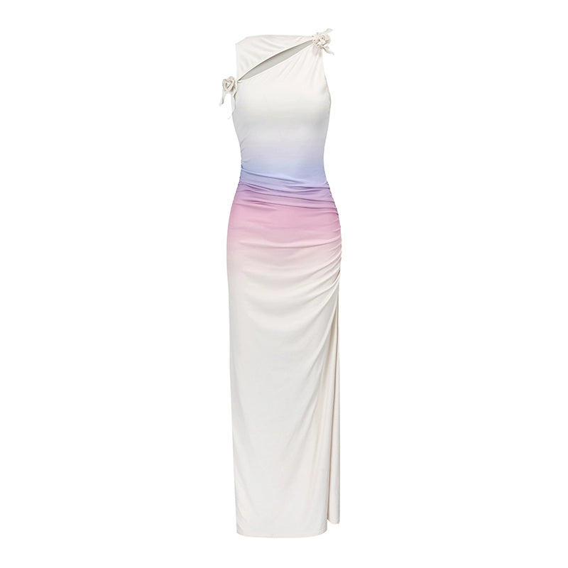 Waist drawn-in flat shoulder sleeveless gradient dress