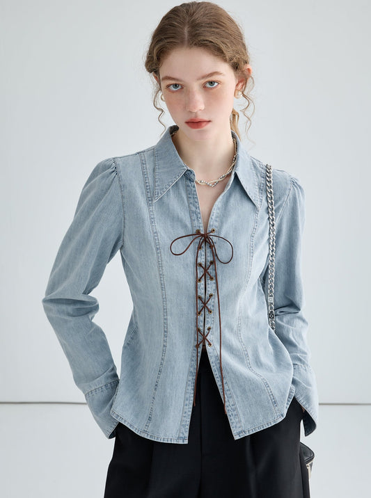 Strappy Washed Denim Slim Shirt