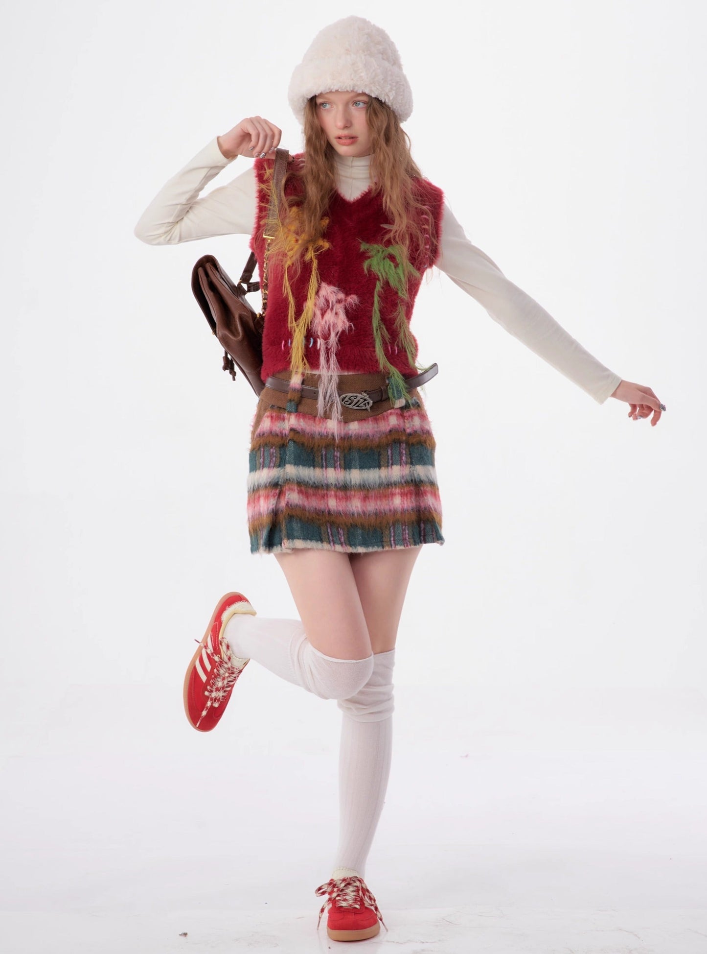 High-waisted thin red woolen tweed plaid short Skirt